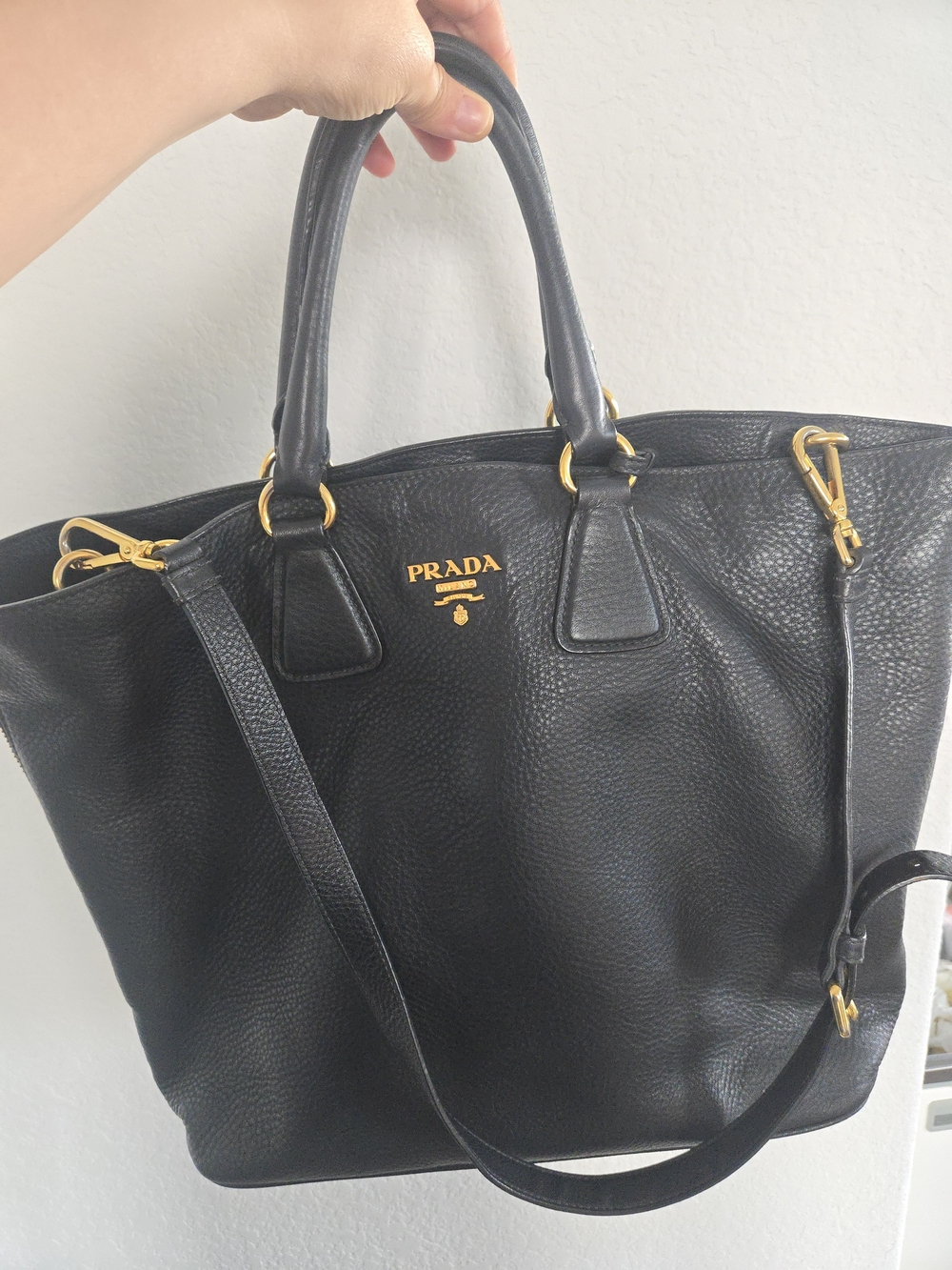 Prada Vitello Daino Black Leather Large Tote Satchel